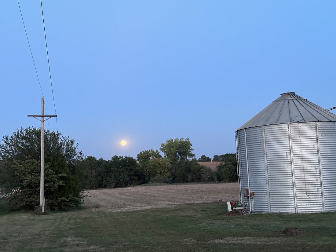A full moon rising over the tree line beside a grain bin at dusk.